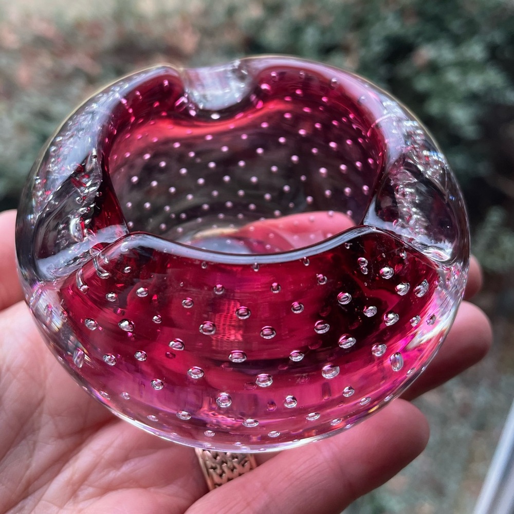 Murano Cranberry Red Bullicante Vintage Glass Ashtray - Picture 2 of 13